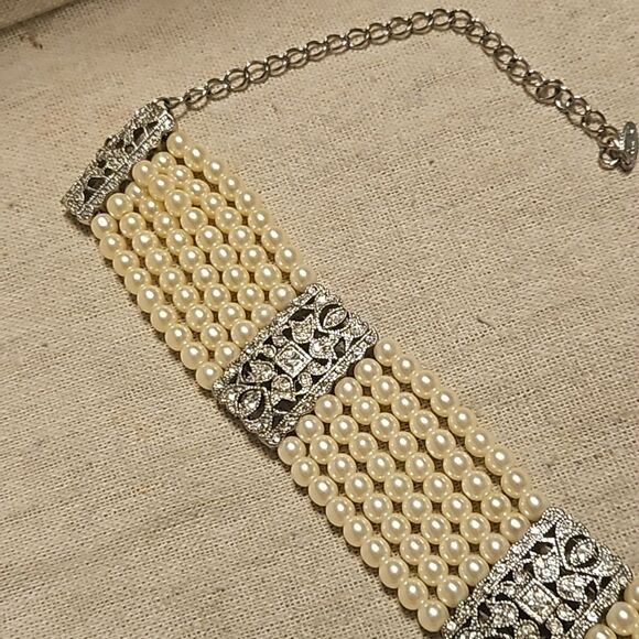 Vintage Eduardian Style Multistrand Faux Pearl Diamond Choker Necklace - Picture 6 of 11